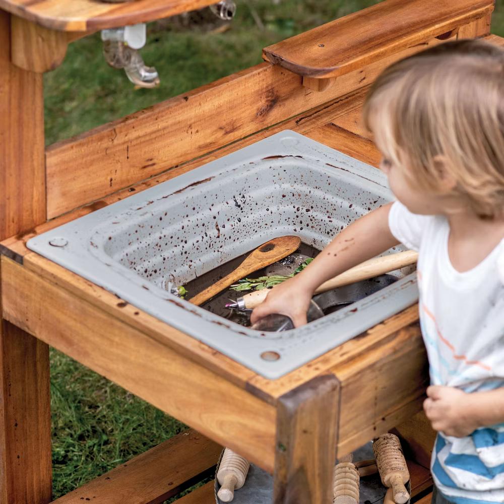Guidecraft Acadia Kids' Outdoor Mud Kitchen Playset - Pretend Play Kitchen with Sink, Stove, and Accessories | Wooden Backyard Playset - Image 3