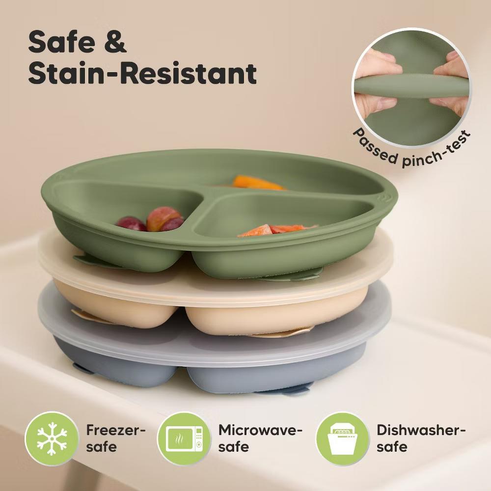 3-Pack Prep Suction Plates with Lids, 100% Silicone Baby Plates with Lid, BPA-Free Kids Divided Toddler Plates - Image 31
