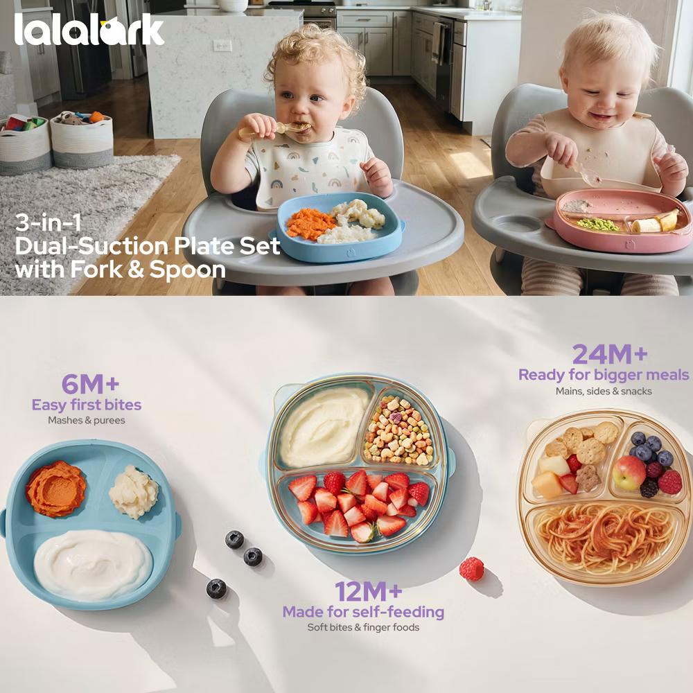 4 PCS Toddler Plates with Suction Base Spoons & Fork Baby Divided Dishes for 0 1 2 3 Years Old PPSU & Food Grade Silicone BPA Free Blue - Image 11