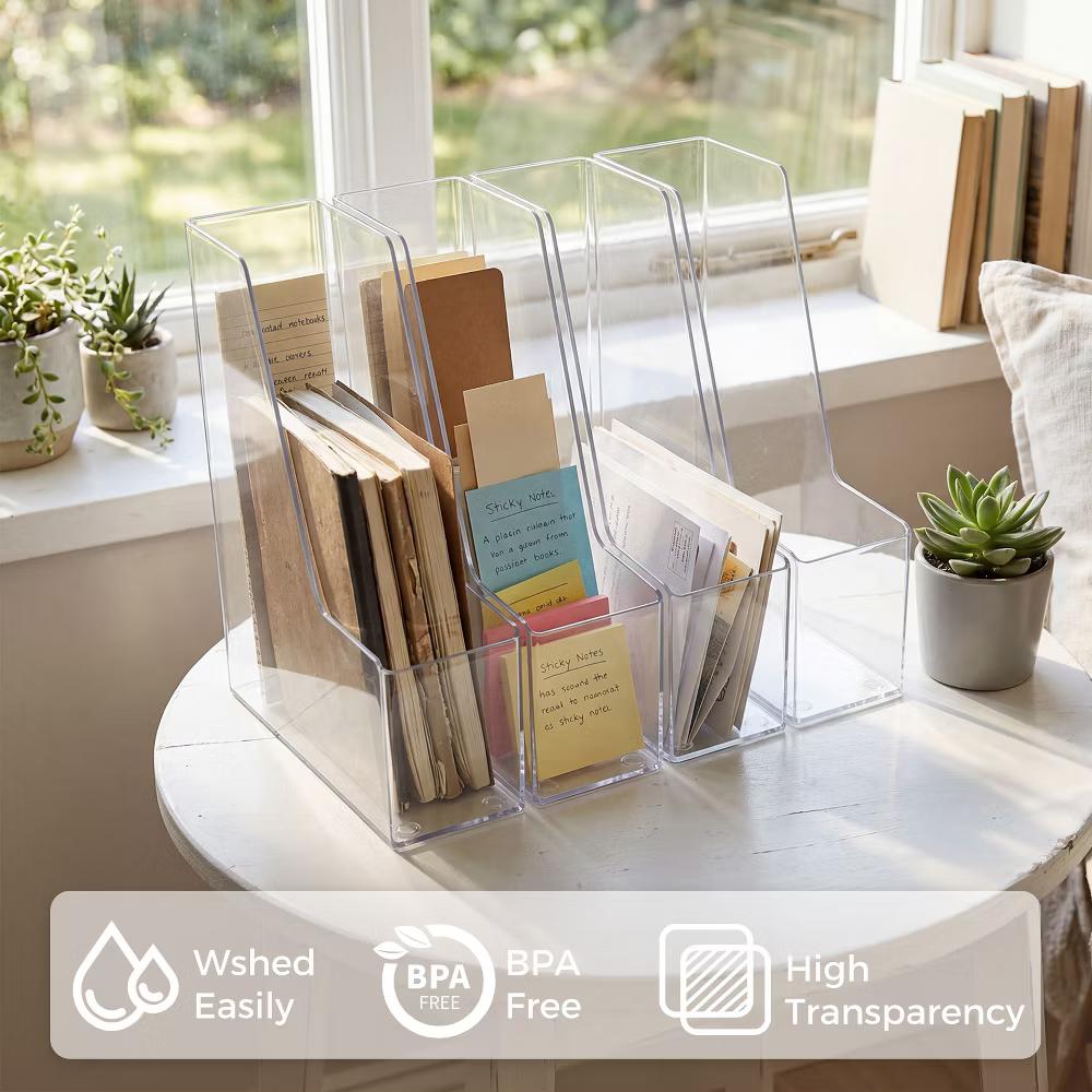 4 Slot Clear Acrylic File Organizer, Vertical Plastic Magazine Holder Desk File Sorter, Multi Compartment Document Folder Rack for Office Home - Image 4