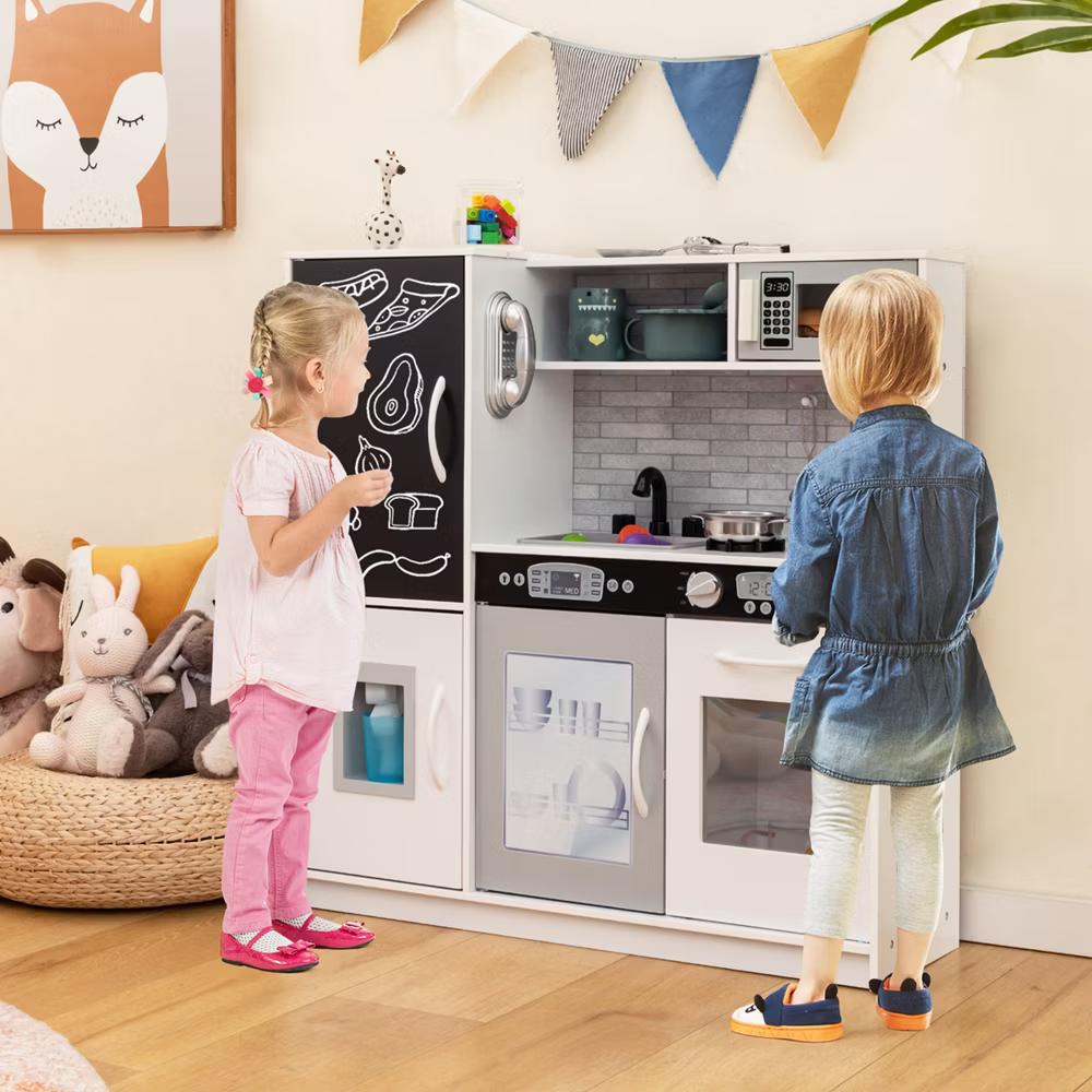 Kid's Pretend Play Kitchen Toddler Kitchen Playset with Blackboard Pink/White/Light Pink/Beige - Image 72