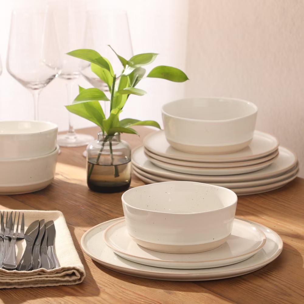 Abbey Circle 12 PiecePlates and Bowls (Service for 4) Reactive Matte Glaze Dishes Stoneware Ceramic Dinnerware Set - Image 15