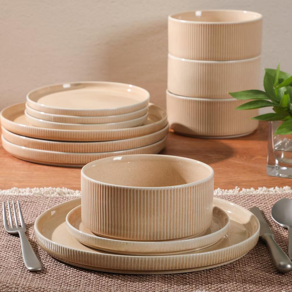 Solana Coast 12 Piece Stoneware Reactive Glaze (Service for 4) Ceramic Plates and Bowls Modern Shape Embossed Dinnerware Set - Image 5