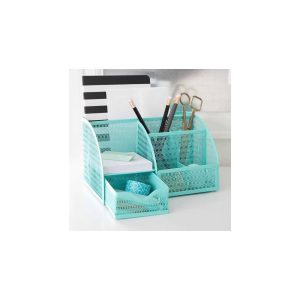 Blu Monaco Desk Organizer with Drawer - Small Metal Mesh Organizer Available in Aqua, Gold, and Pink