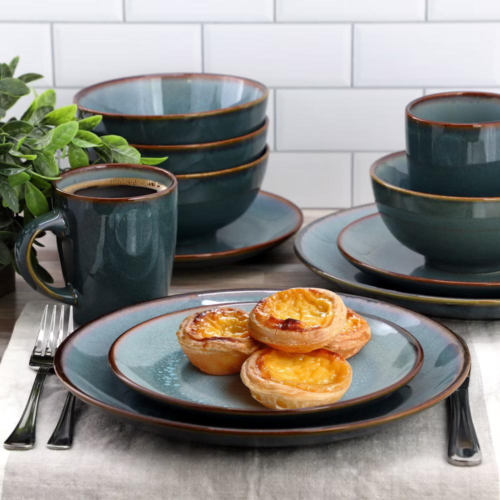 Reactive Glaze Stoneware Dinnerware Set in Blue with Brown Rim - Image 8