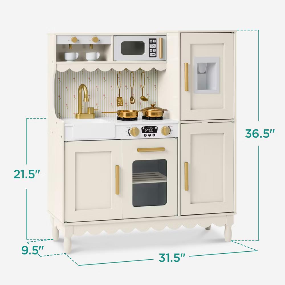 Wooden Cottage Kids Pretend Play Kitchen with 11 Accessories, Espresso Machine - Pink - Image 13