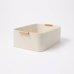 Faux Leather Folio Bin with Metal Handles Ivory - Decorative Storage Basket, Rectangle, Spot Clean