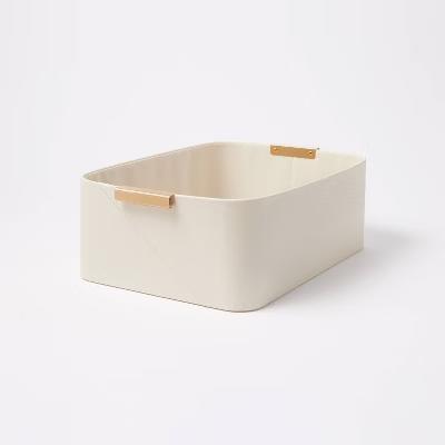 Faux Leather Folio Bin with Metal Handles Ivory - Decorative Storage Basket, Rectangle, Spot Clean