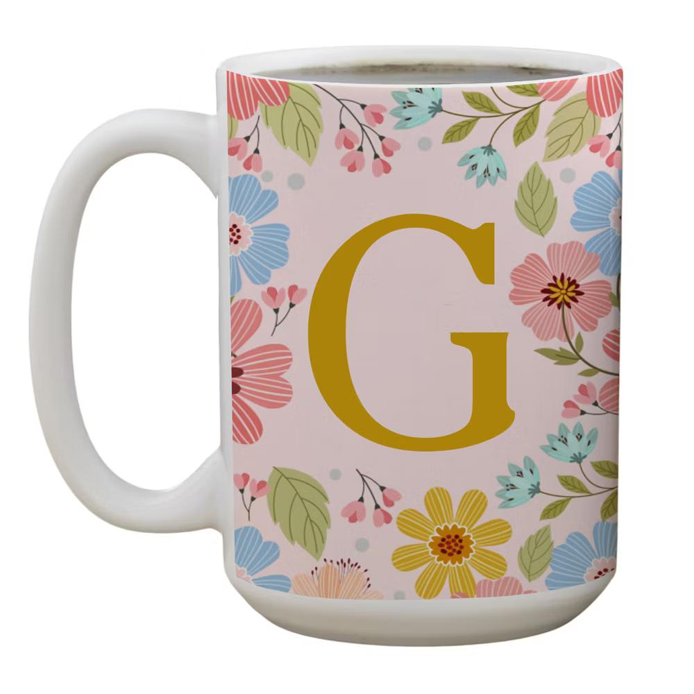 Personalization Mall Flowery Initial Personalized Coffee Mug Gold/Pink - Image 9