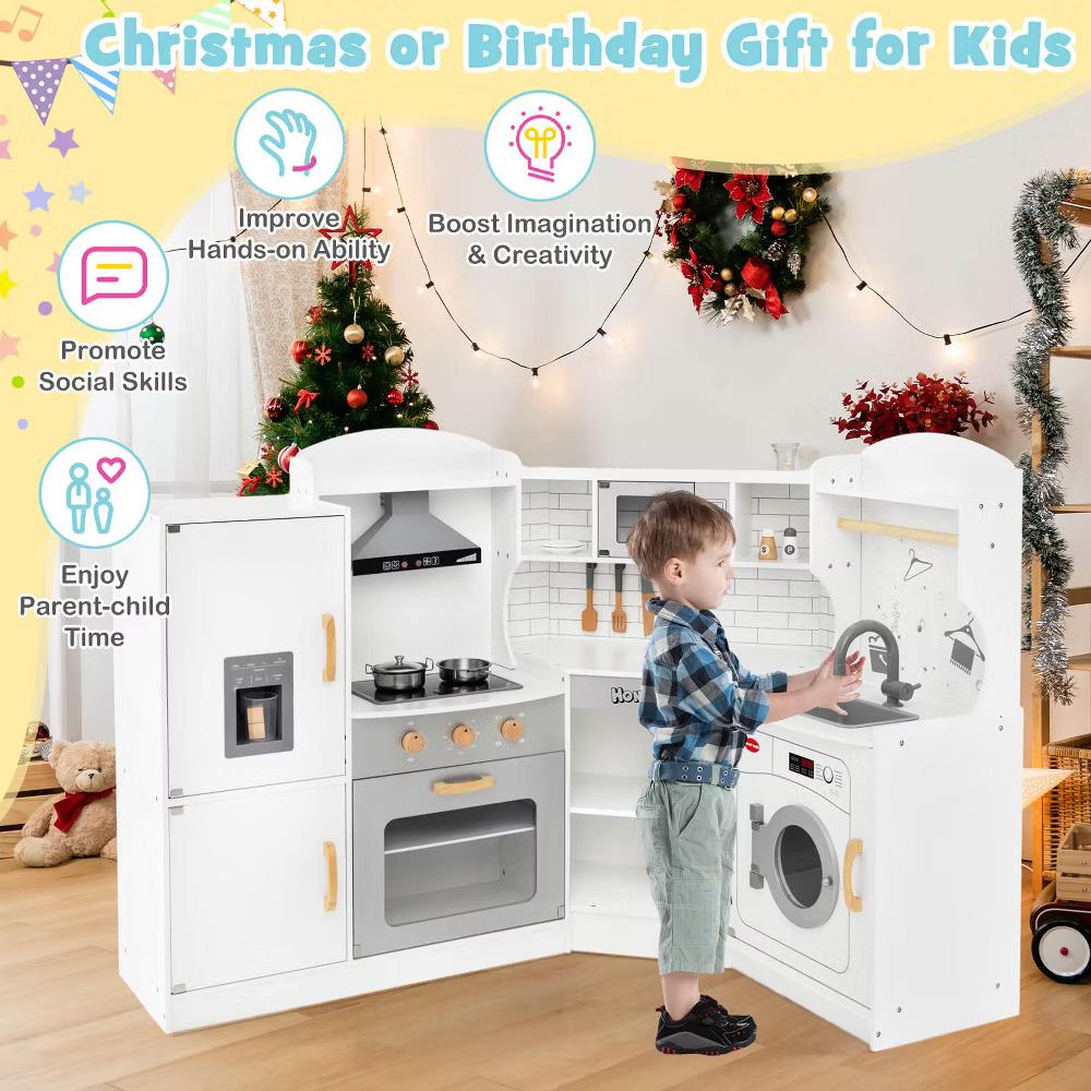 Corner Play Kitchen Toddler Kitchen Playset with Range Hood, Ice Maker, Microwave White/Pink - Image 35