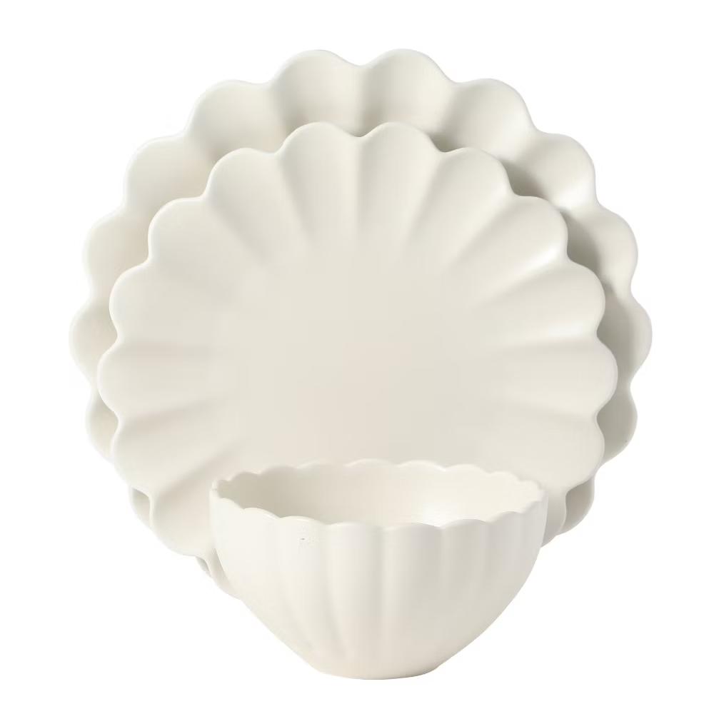 Plates and Bowls Sets, 12-Piece Stoneware Dinnerware Set for 4, Scalloped Dish Set with Dinner Plates, Salad Plates & Bowls - Image 3
