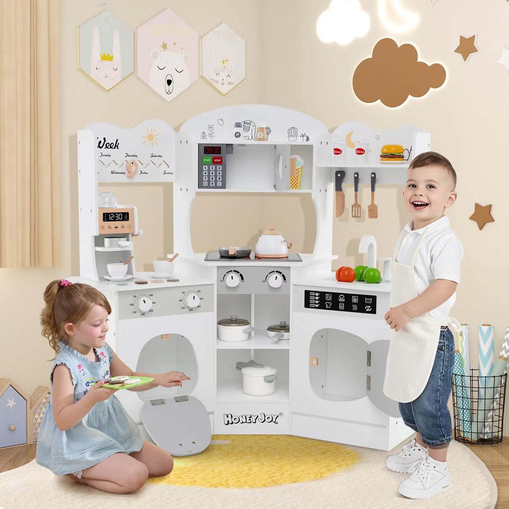 Corner Kitchen Playset with Coffee Machine Oven Microwave Washing Machine White/Brown/Pink - Image 23