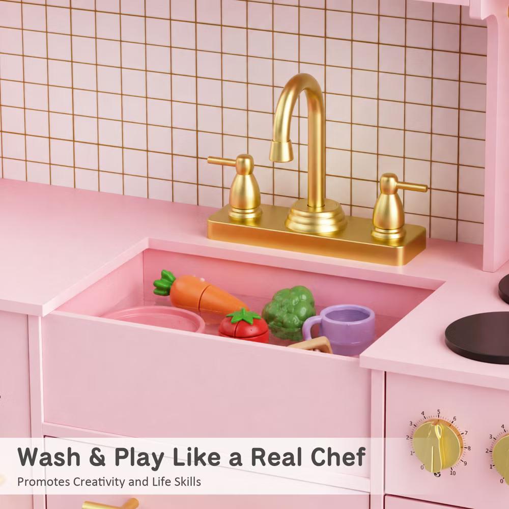 Wooden Play Kitchen with Running Water Sink, Clicking Stove Knobs, Microwave, Oven, Ice Maker & Storage, Ages 3+ - Image 27