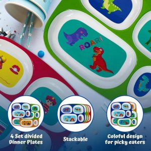 4E’s Novelty Kids Melamine Divided Dinner Plates – Set of 4 BPA-Free Plates for Picky Eaters