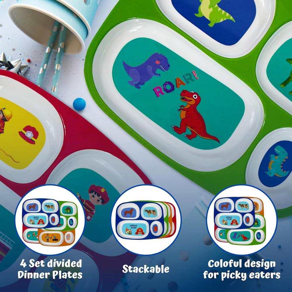 4E’s Novelty Kids Melamine Divided Dinner Plates – Set of 4 BPA-Free Plates for Picky Eaters