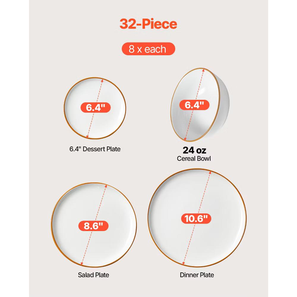 VEVOR Dinnerware Set, Service for 8 (32 PCS), Round Plates and Bowls Sets, Scratch Resistant Ceramic Dinner Ware, White - Image 8