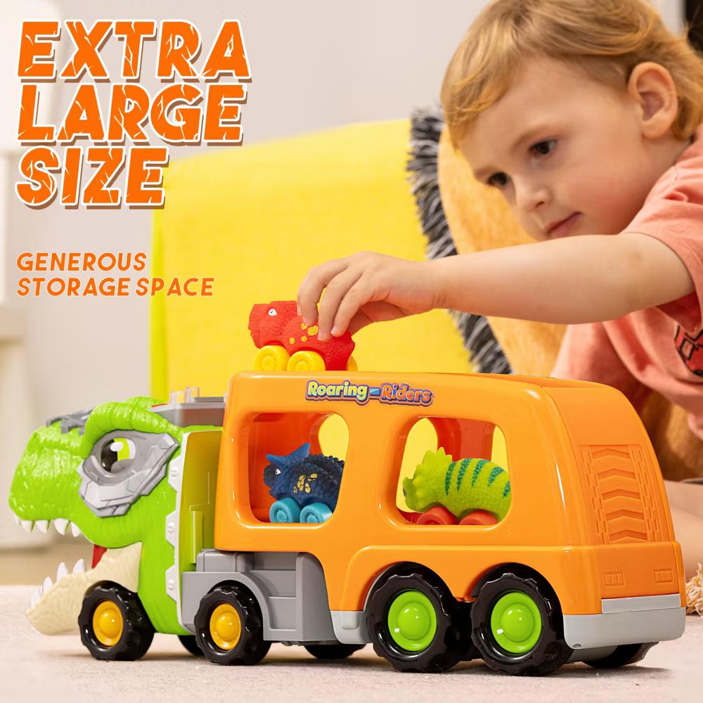 Dinosaur Truck Toy with 6 Rubber Car, Music & Lights, Dinosaur Car Carrier Truck Toy, Toddler Christmas Birthday Gift for 2 3 4 5 Year Old Boys - Image 4