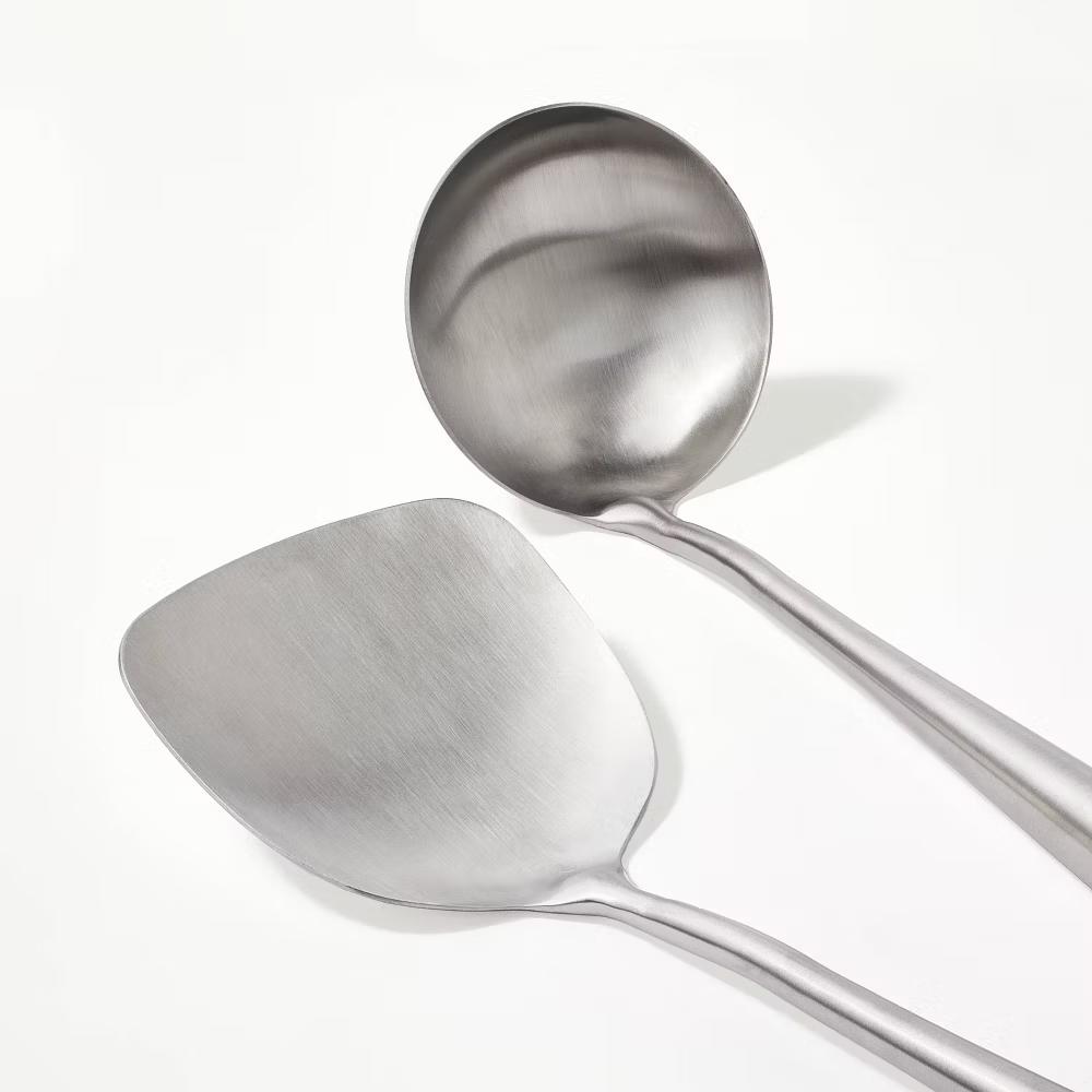 3pc Wok Tools Set Brown - Stainless Steel & Wood Kitchen Utensils, Includes Skimmer, Turner, Ladle - Image 3