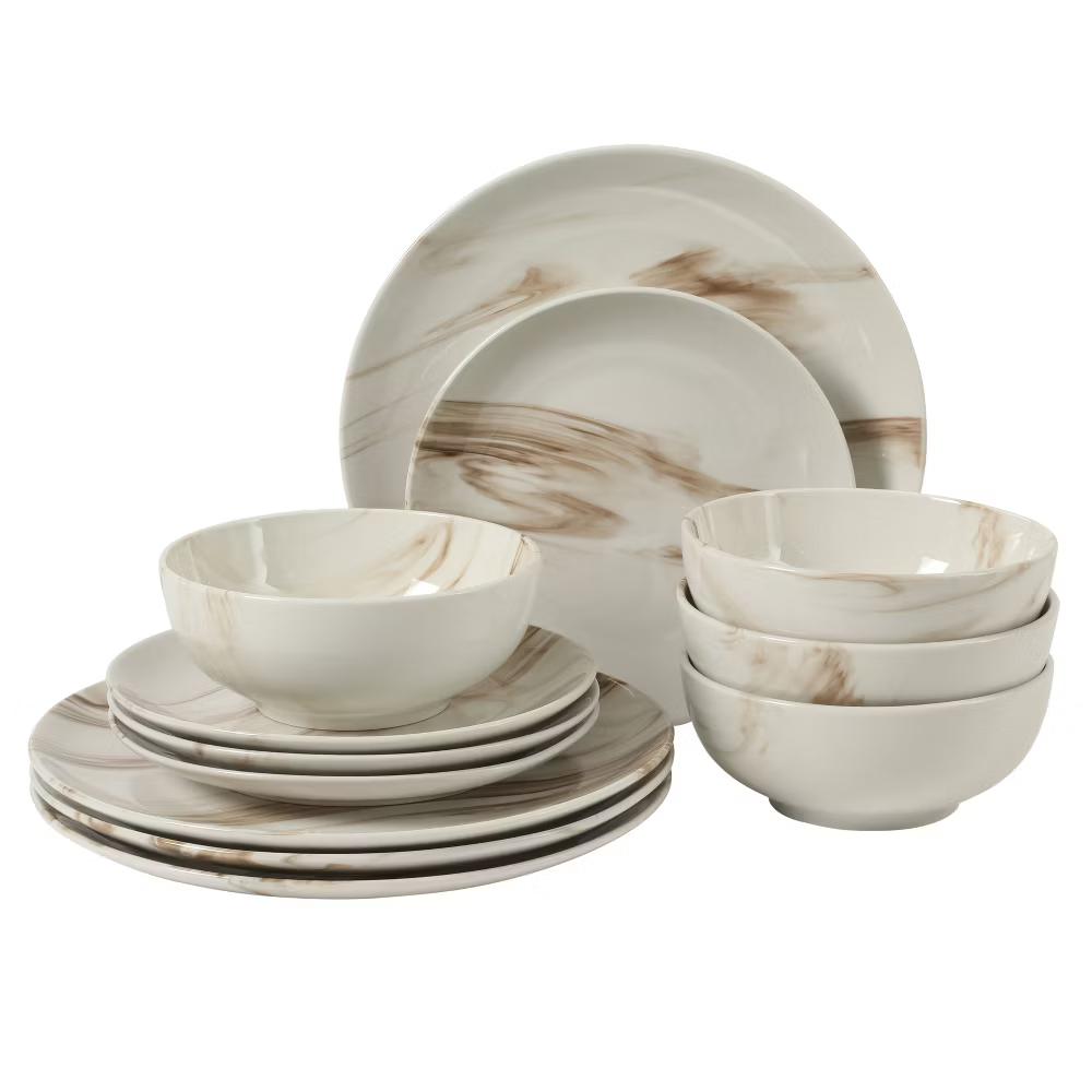 Cloudlight 12 Piece Plates and Bowls Dishes Brown and White - Decorated Porcelain Ceramic Dinnerware Set - Service for 4 - Image 14
