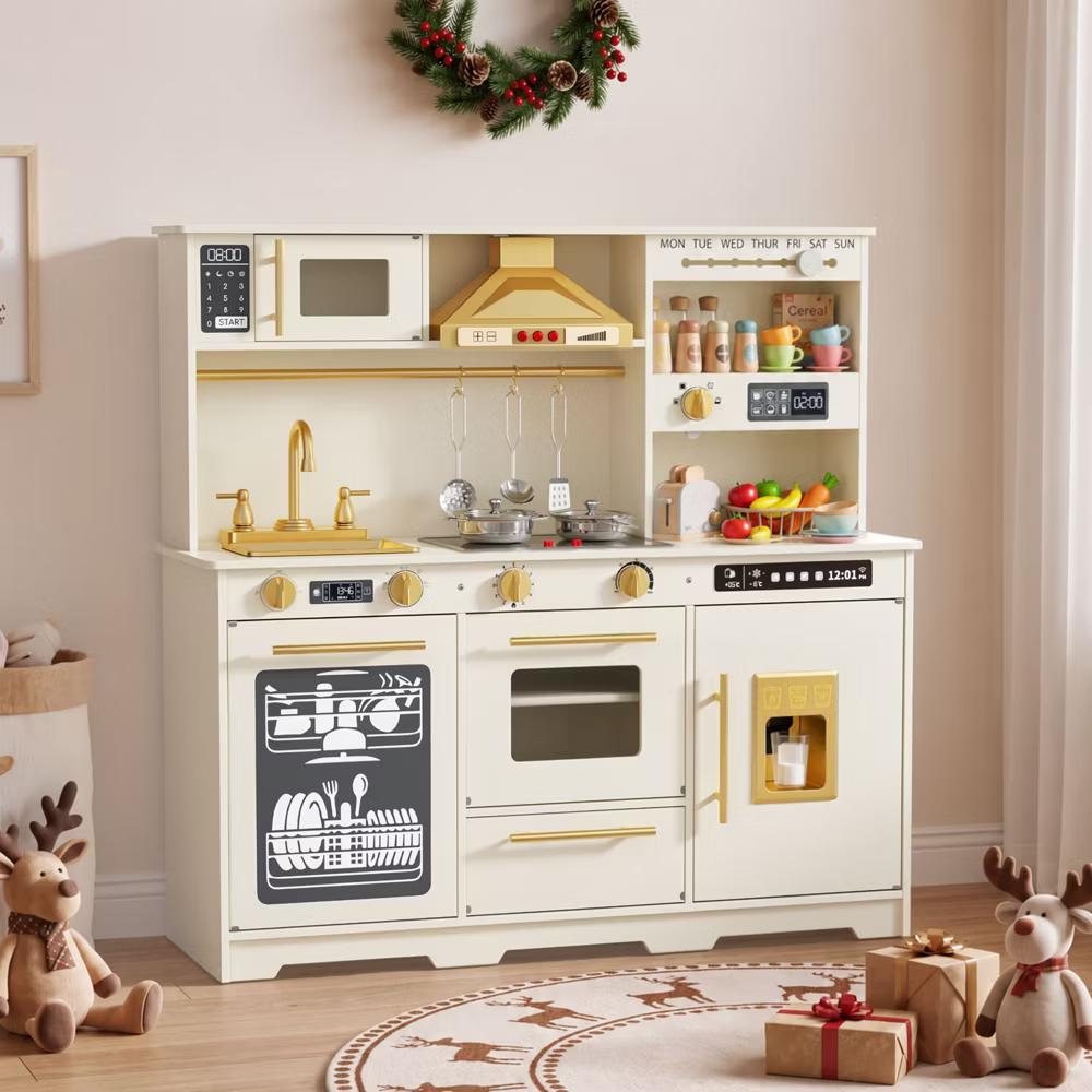 Wooden Play Kitchen for Kids with Running Water Sink, Interactive Stove, Ice Maker, Microwave, Oven & Dishwasher, Ages 3+ - Image 7