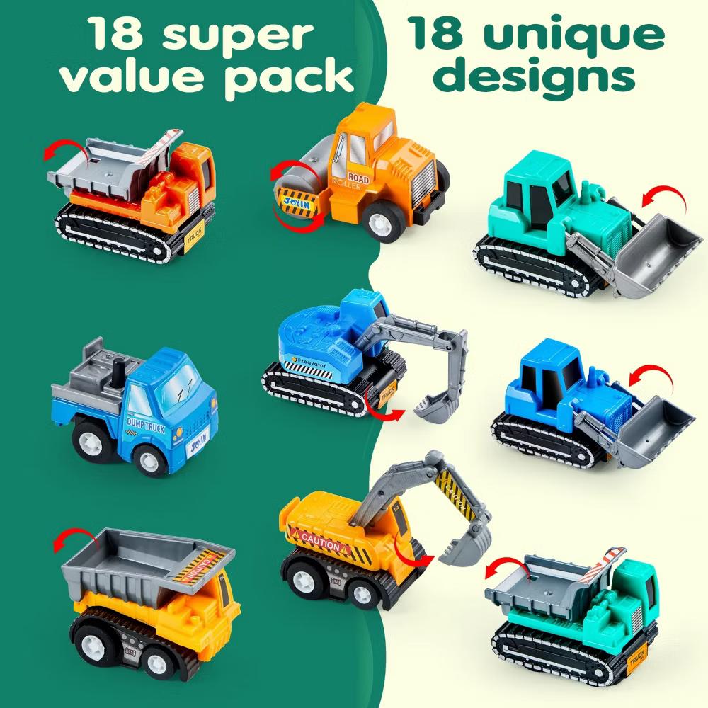 18 Pcs Toy Cars for kids, Friction Pull Back Play Car Vehicle Party Favors, Mini Excavator Toy Trucks for Boys 2 3 4 5 6 Years Old - Image 4
