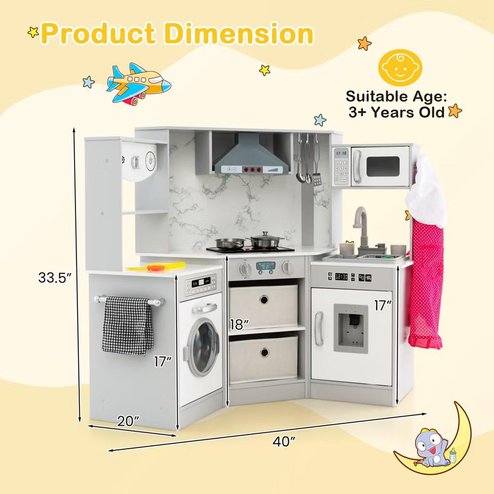 Wooden Kids Play Corner Kitchen with Realistic Lights & Sounds Lighted Range Hood Brown/Grey - Image 13