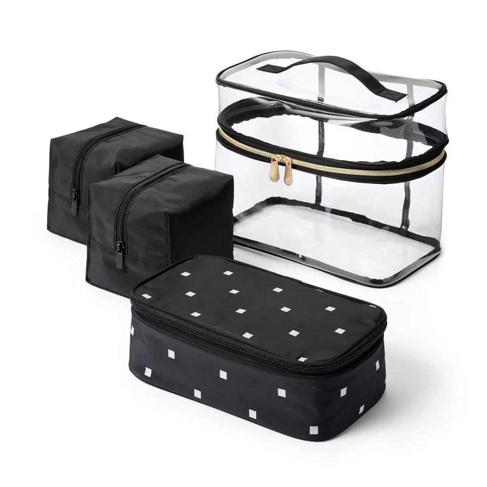 Travel Train Case Makeup Bag Set - 4pc: Clear & Black, 4 Compartments