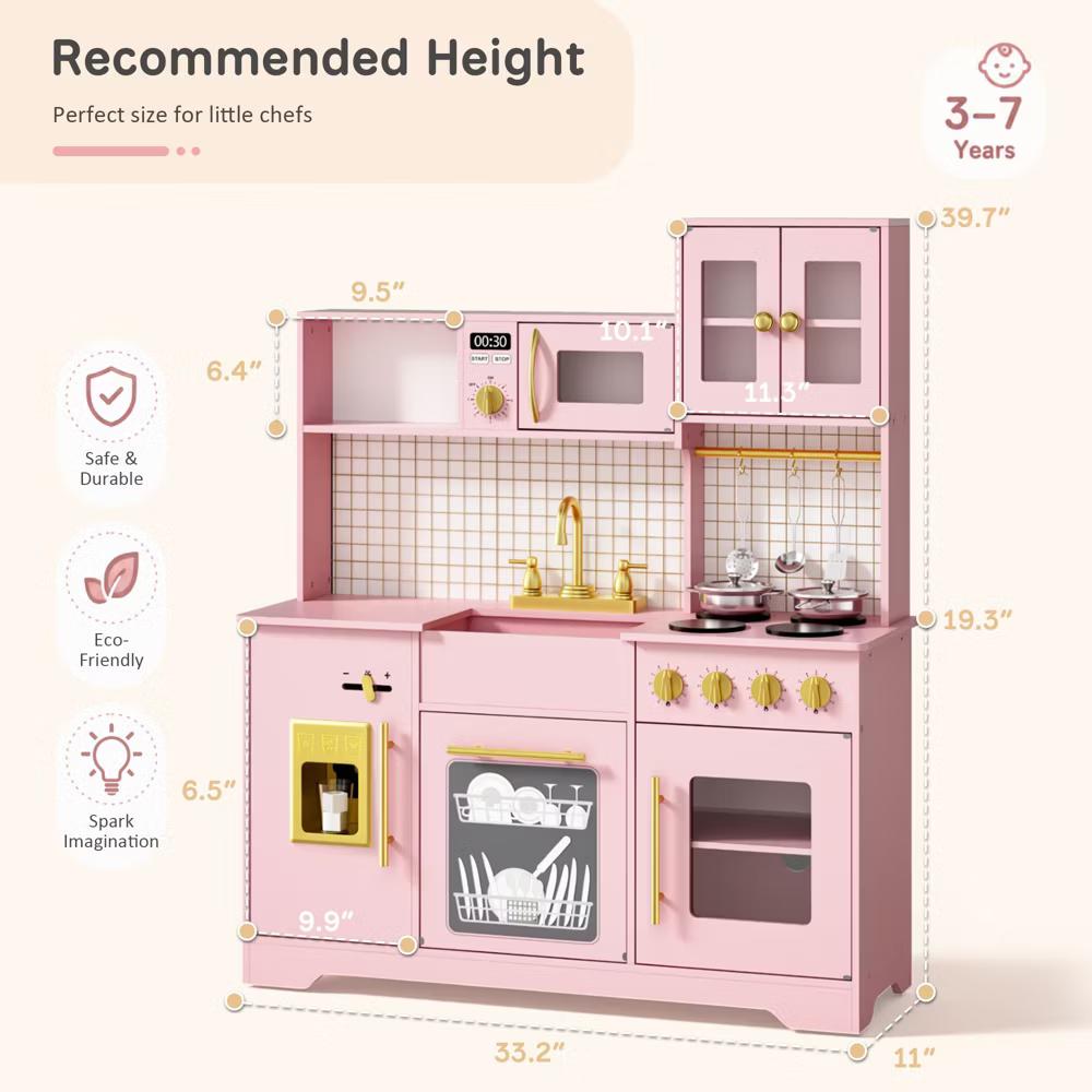Wooden Play Kitchen with Running Water Sink, Clicking Stove Knobs, Microwave, Oven, Ice Maker & Storage, Ages 3+ - Image 31