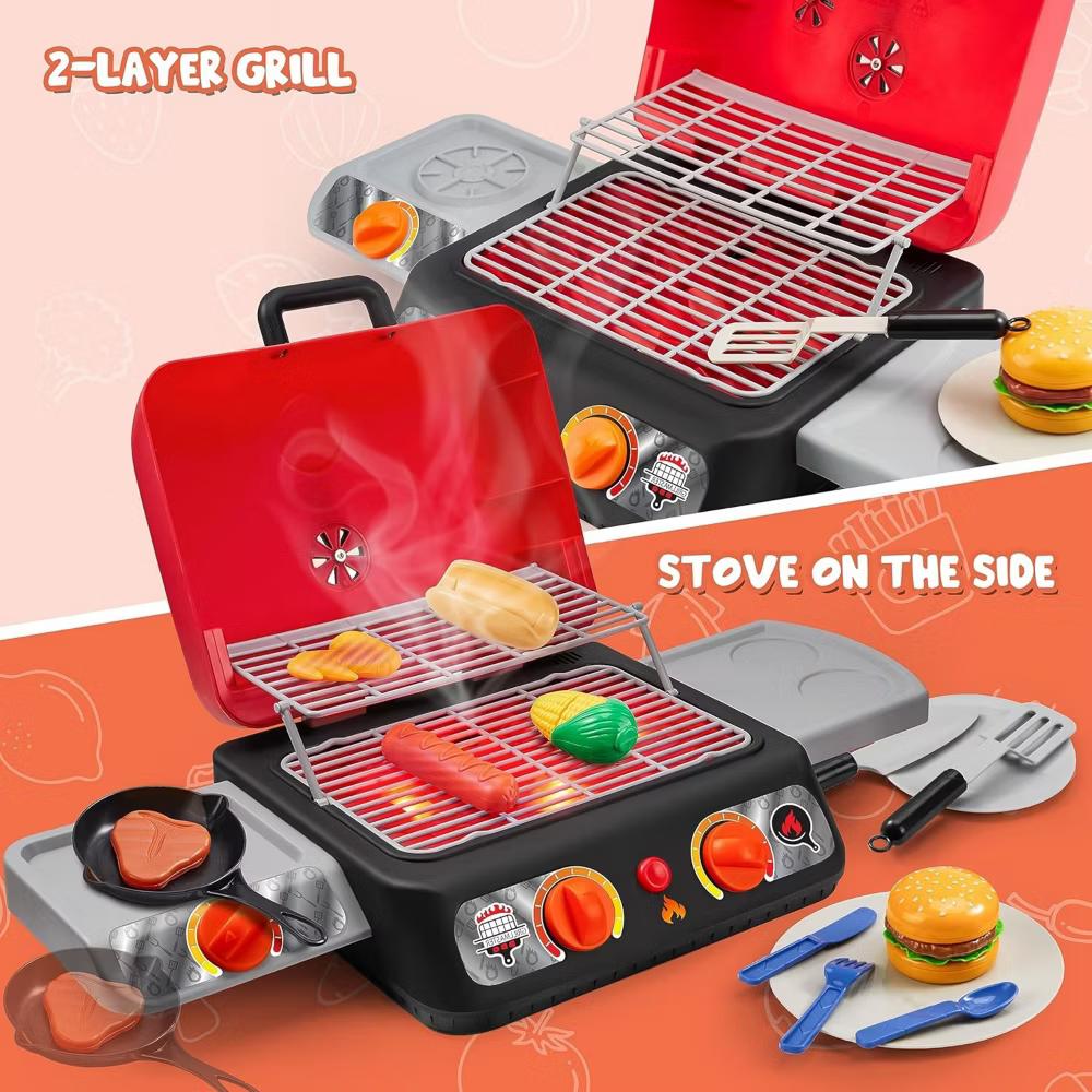 BBQ Grill Playset with Light, Sound,Food, Kitchen Toy Set,Indoor Outdoor Pretend Play Toy Birthday Gift for Kids Toddlers 3 4 5 6 7 8 Years Old - Image 4