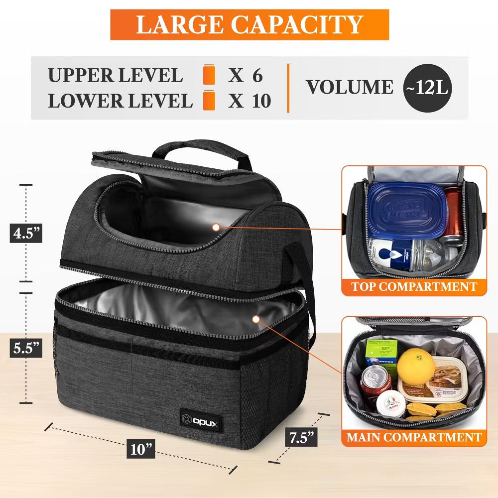 Double Decker Lunch Box Men Women, Insulated Leakproof Cooler Bag Adult Work, Dual Compartment Pail Tote Boys Girls Kids - Image 45