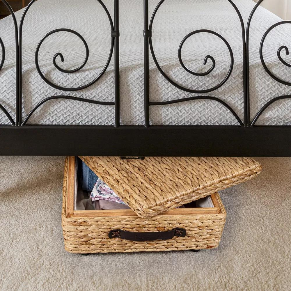happimess Chett Minimalist Hand-Woven Hyacinth/Wood Underbed Storage Bin with Wheels and Handles - Image 13