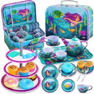 35Pcs Mermaid Tea Party Set for Girls,with Pretend Tin Teapot Set, Princess Tea Time Play Kitchen Toy,Best Birthday Gifts for Kids Age 3-6