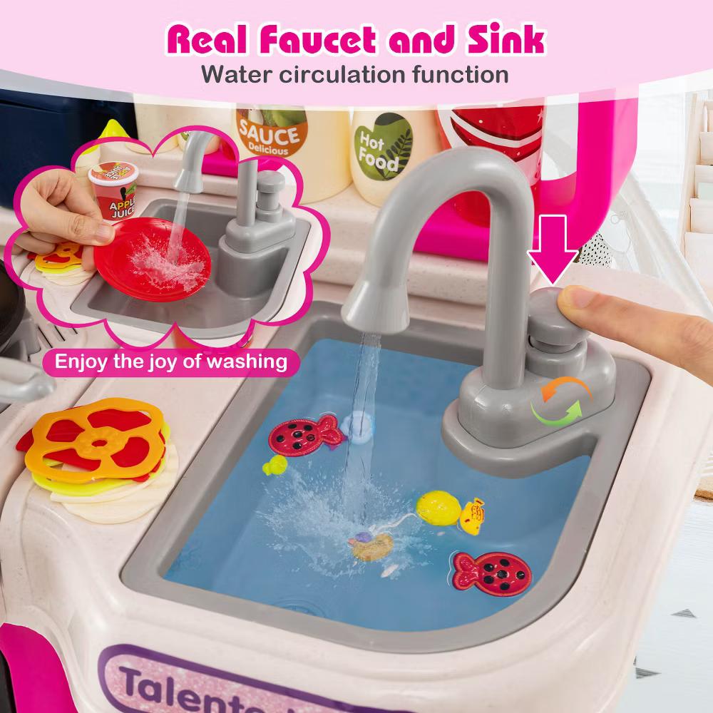 Kids Kitchen Playset with Realistic Sounds Lights Play Sink 95 PCS Accessories Blue/Pink - Image 11
