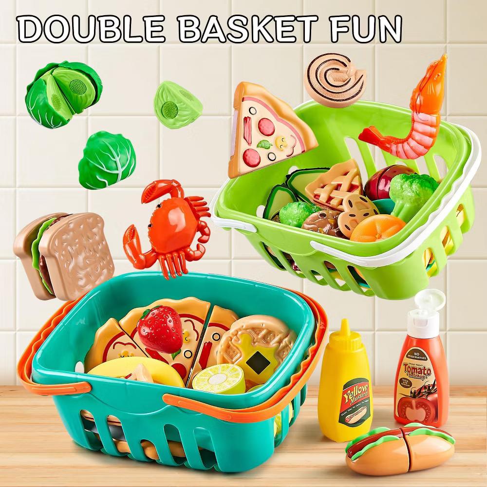 Etokfoks 85pcs Pretend Play Food Set for Kids Kitchen Cutting Toy Food with 2 Baskets Realistic Fruits Veggies Pizza Accessories - Image 5