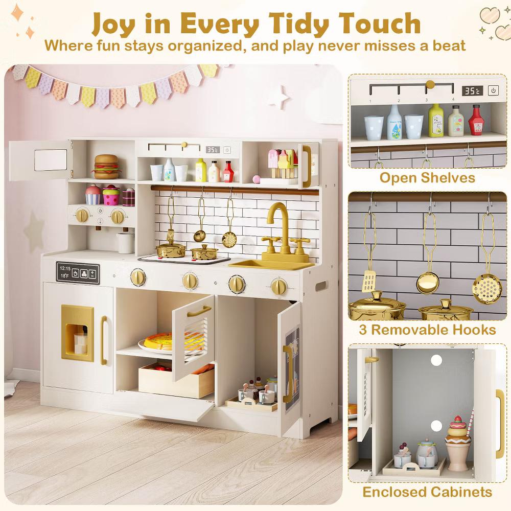 Kids Play Kitchen with Stoves, Light, Sound, Faucet, Sink, Ice Dispenser, Microwave - Image 3