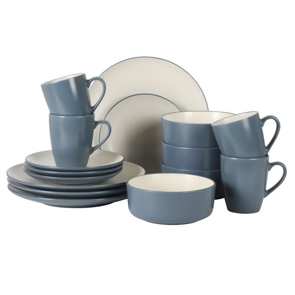 Oxford Blue Plates and Bowls Sets, 16 Piece Stoneware Dinnerware Sets for 4, Dinner Plates Dessert Plates Bowls Mugs - Image 3