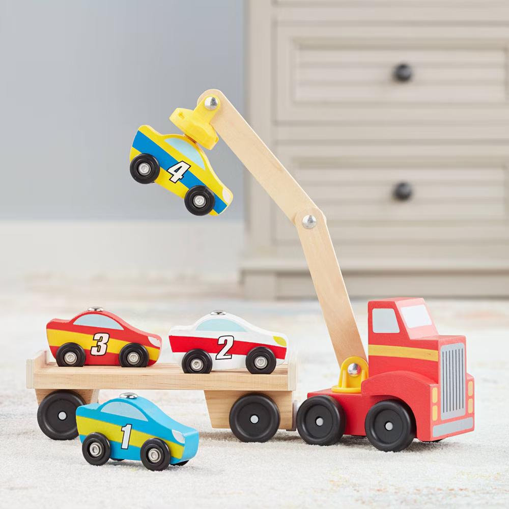 Magnetic Car Loader Wooden Toy Set With 4 Cars and 1 Semi-Trailer Truck - Image 6