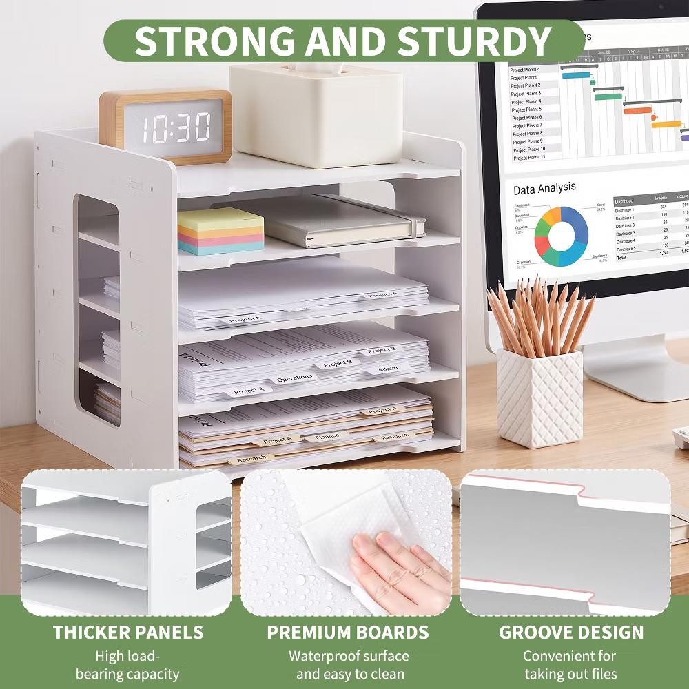 Multi-Layer Desktop File Organizer, Adjustable A4 Paper Storage Rack, Waterproof PVC Wood Plastic Board, Office Desk Folder Holder - Image 11