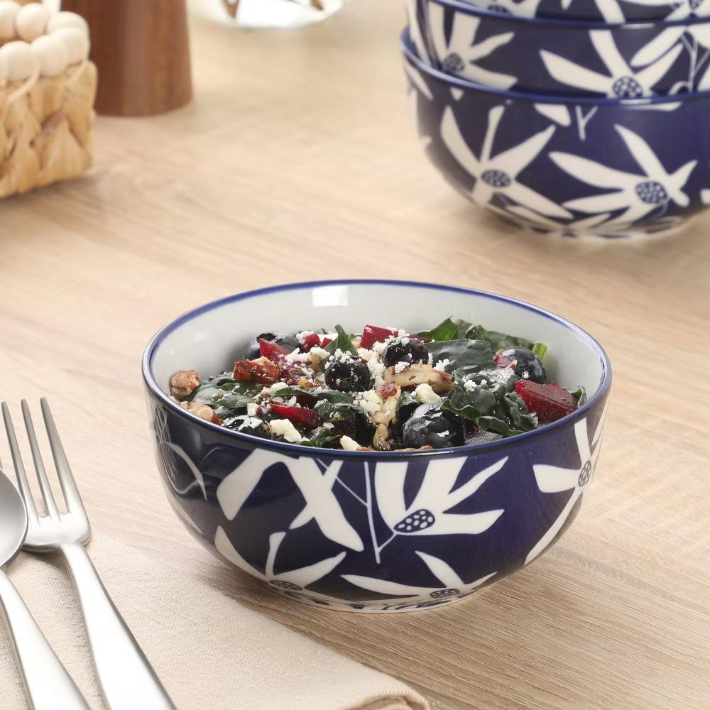 Ivory Estate 4-Piece Cereal Bowl Set, 5.5 Inch Round Stoneware Bowls, Blue & White Floral Pattern, Assorted Designs - Image 8
