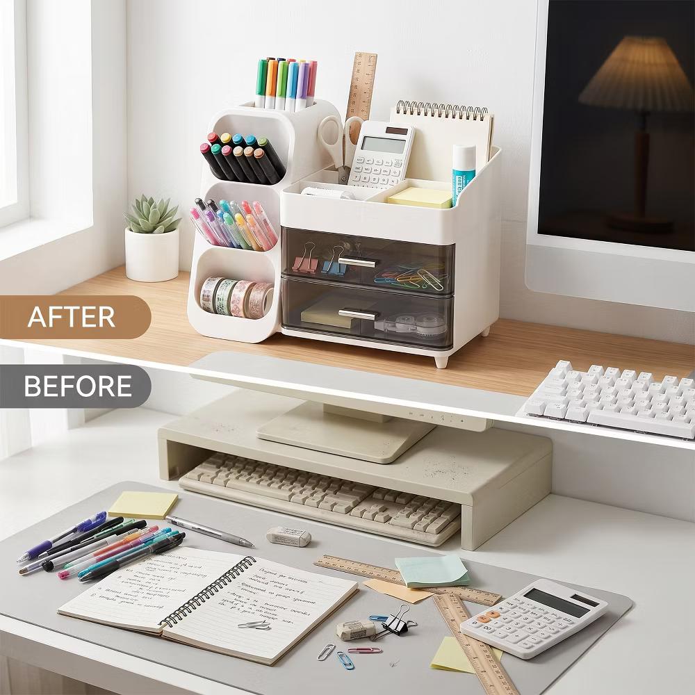 Desktop Organizer with Pen Holder, Multi-Grid Stationary Storage Caddy with 2 Clear Drawers for Office Supplies & Makeup - Image 16