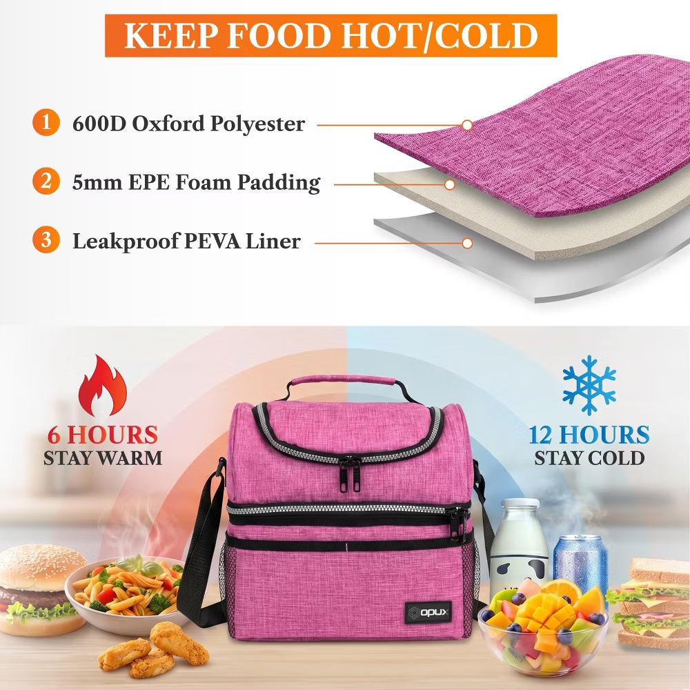 Double Decker Lunch Box Men Women, Insulated Leakproof Cooler Bag Adult Work, Dual Compartment Pail Tote Boys Girls Kids - Image 78