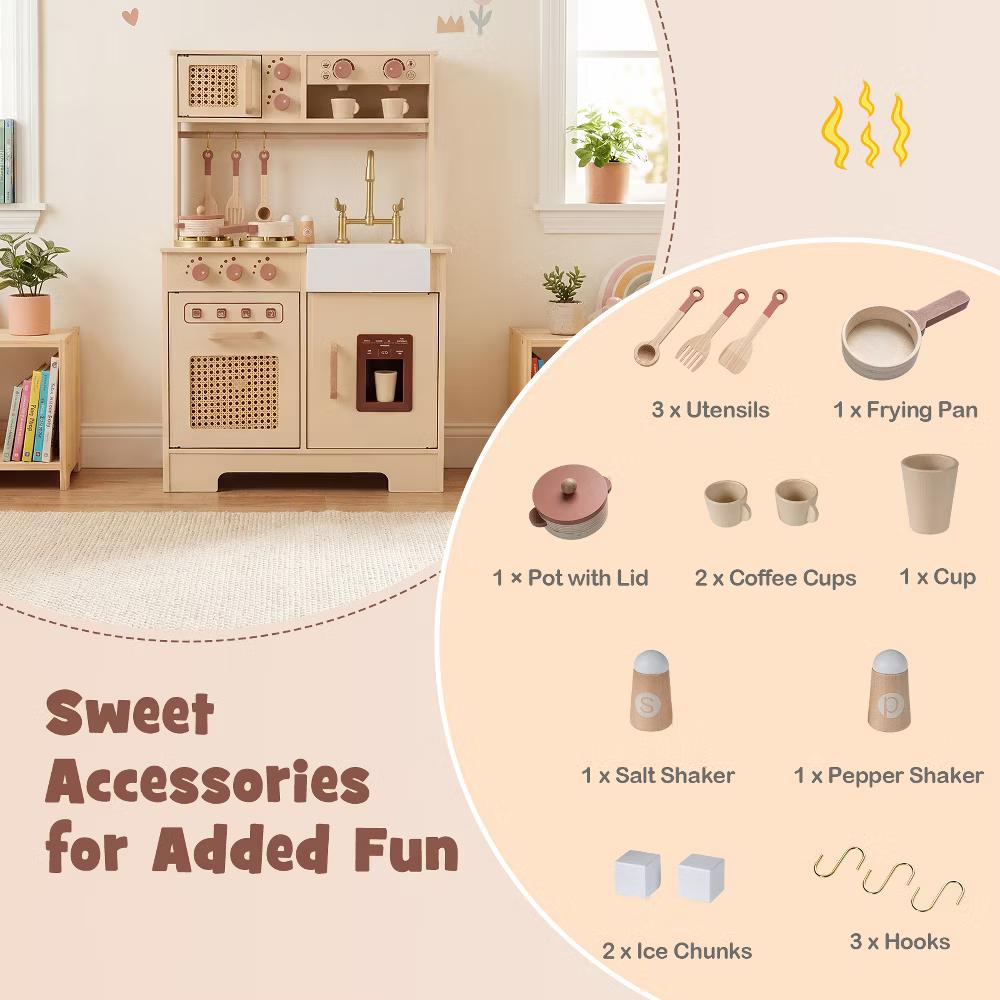 Kids Play Kitchen, Wooden Pretend Kitchen Playset with Rattan Doors, Stoves Yellow/Pink - Image 10