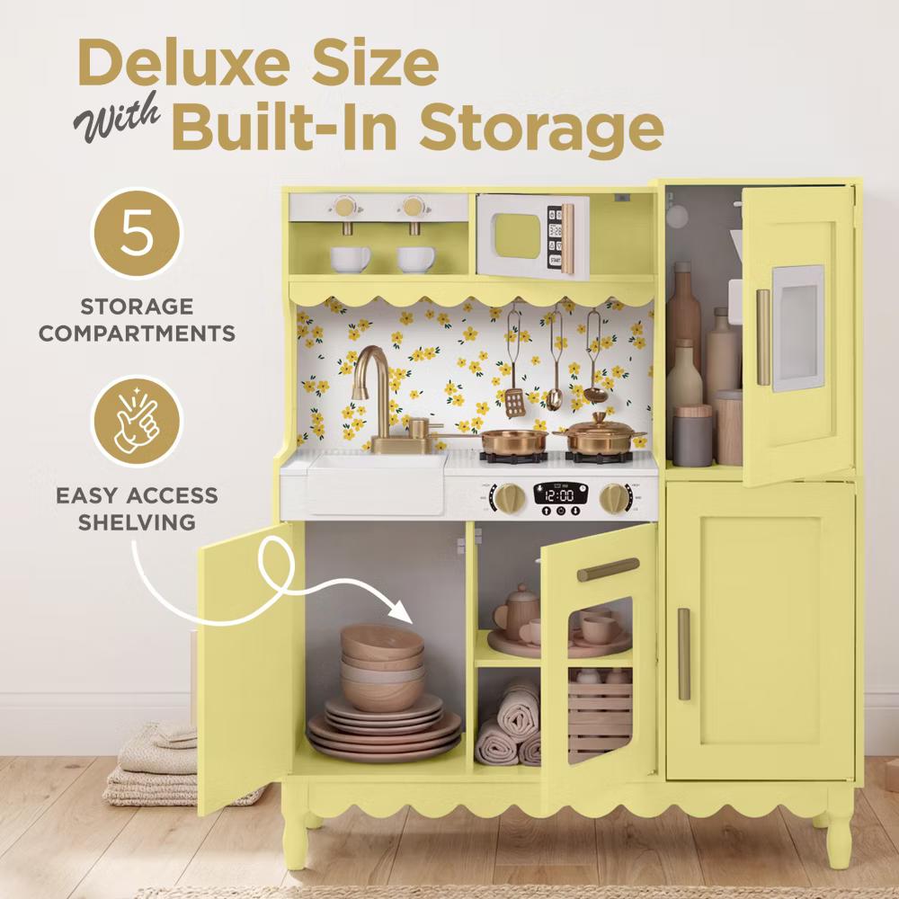 Wooden Cottage Kids Pretend Play Kitchen with 11 Accessories, Espresso Machine - Pink - Image 9