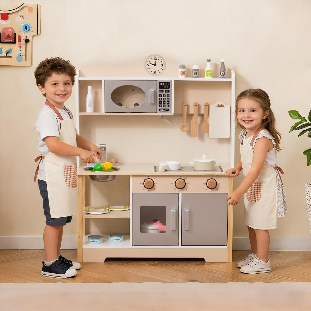 Wooden Play Kitchen for Kids Cooking Toy Playset w/ Microwave Stove Dish Rack - Image 4