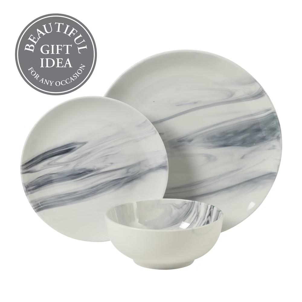 Cloudlight 12 Piece Plates and Bowls Dishes Brown and White - Decorated Porcelain Ceramic Dinnerware Set - Service for 4 - Image 10