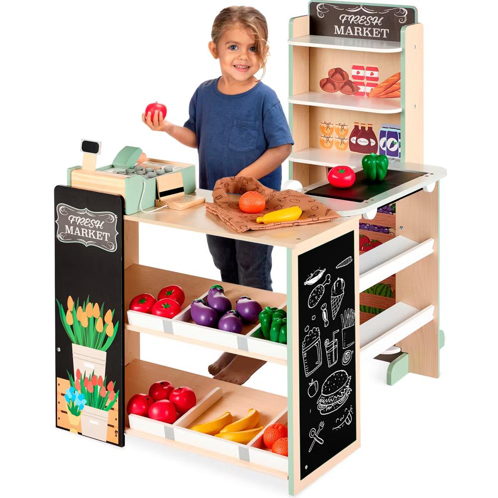 Kids Pretend Play Grocery Store Wooden Supermarket Set w/ Chalkboard, Cash Register - Red - Image 11