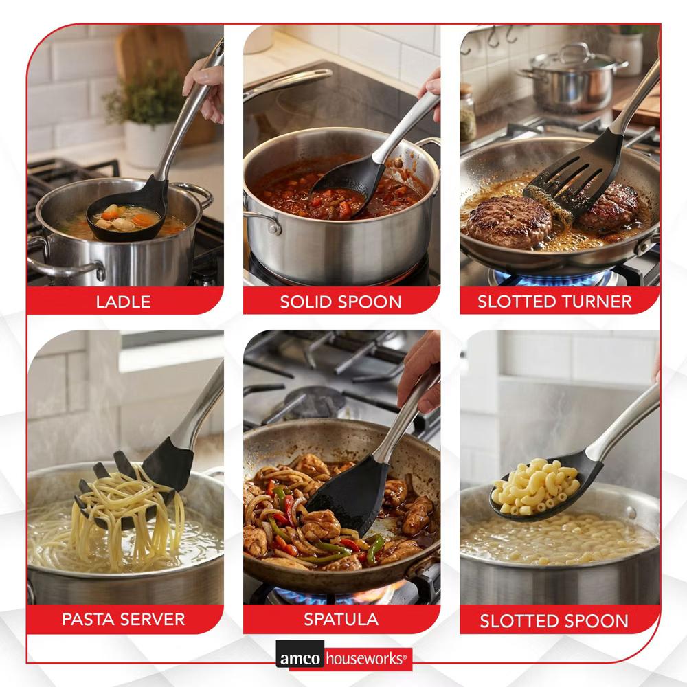 Amco 6-Piece Nylon Utensil Set, Heat-Resistant with Stainless Steel Handles, BPA-Free, Safe for Non-Stick Cookware, Dishwasher Safe Cooking Tools - Image 2