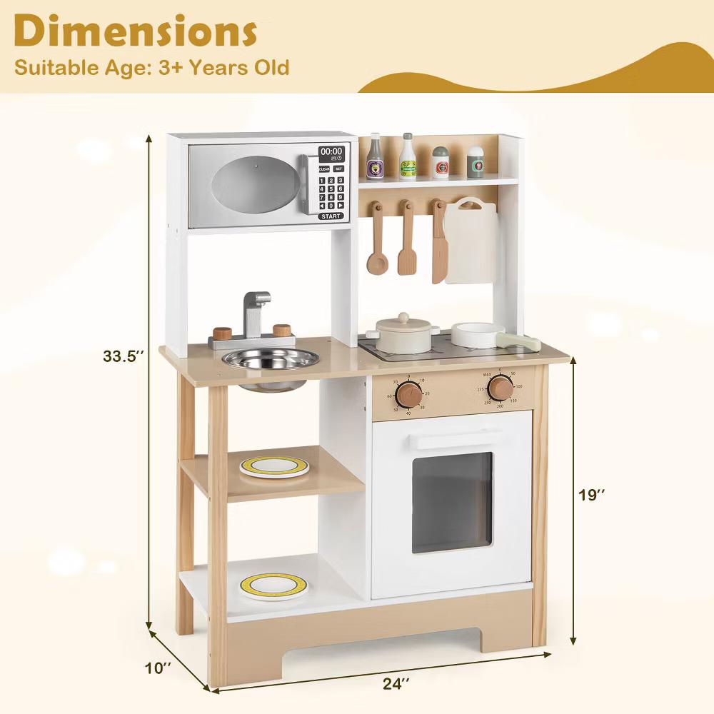 Play Kitchen with Chalkboard Microwave Stove Dish Rack Faucet Sink Accessories White + Natural/Blue/Green + White - Image 17