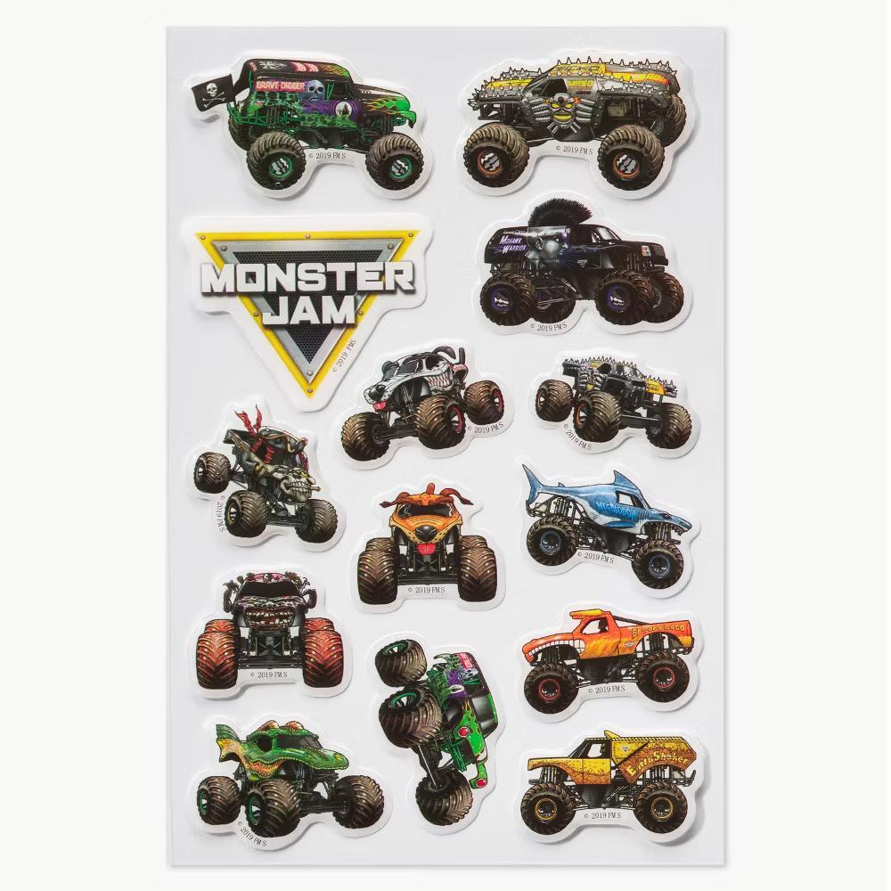 Monster Jam Puffy Stickers for Kids, 3D Monster Trucks and Logos 14ct, 1 Sheet
