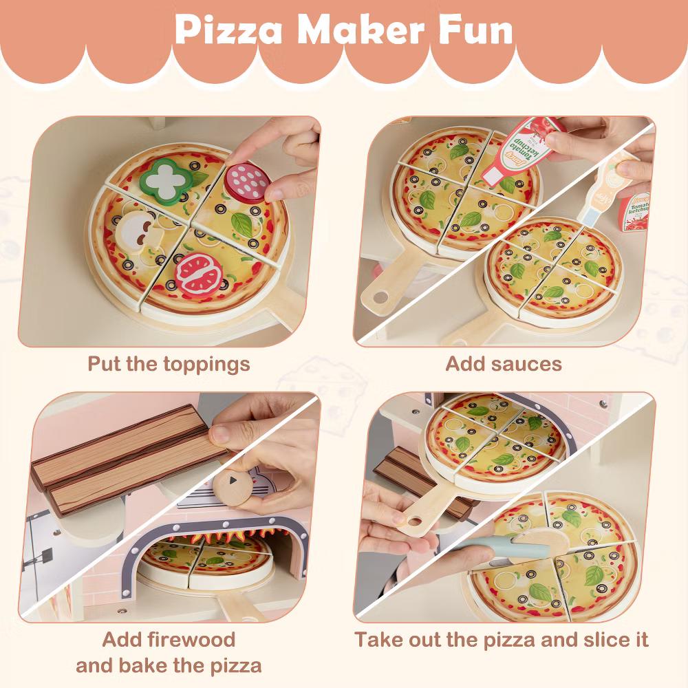 2 in 1 Pretend Play Food Truck Kids Ice Cream & Pizza Cart w/ Canopy Oven - Image 2